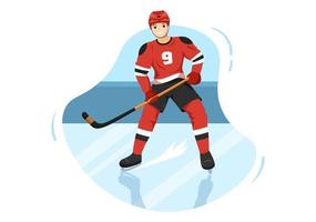 deporte de jugador de hockey sobre hielo con casco, palo, disco y patines en la superficie de hielo para juego o campeonato en ilustración de plantillas dibujadas a mano de dibujos animados planos vector