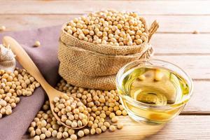 Soybean oil in a glass bowl and soybean seeds in sacks with a wooden spoon placed on a wooden table Natural healthy food - top view photo