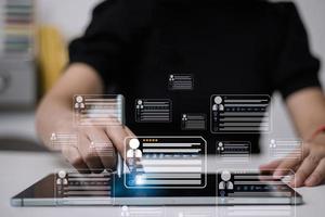 HR human resources technology.Online and modern technologies for simplifying the human resources system.Human resource manager checks the CV online to choose the perfect employee for his business. photo