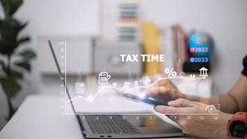 Concept of tax payment optimization business finance, people with taxes icon on technology screen, income tax and property, background for business, individuals and corporations such as VAT
