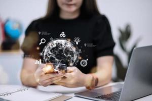 People use mobile smartphones. Business global internet connection application technology and digital marketing, Financial and banking, Digital link tech, big data. photo