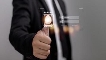 Security of future technology and Cybernetics on the Internet, finger scanning allows access to security and identification of big Data businesses, bank and Cloud Computers. photo