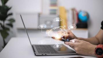 Icon cloud computing network and icon connection data information. Cloud computing and technology concept. photo