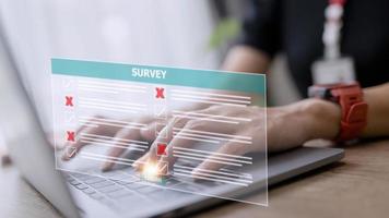 Survey form concept. Check marks on checklist and Filling online form or answering questions. Customer Experiences and satisfaction concept. photo