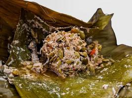 Botok Indonesian traditional Javanese food. Botok is made from grated coconut, anchovies, mlanding, tempe then wrapped in banana leaves and steamed. Presented on a white background photo