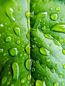 Macro raindrops on the green leaf of a lemon stem, shot after an afternoon rain. photo