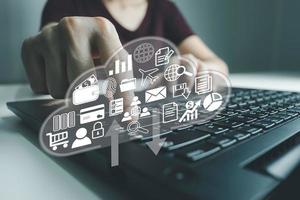 Concept global data connection with internet technology, users are using labtop for online transactions by internet technology, big data, database management, cloud computing, cashless society. photo