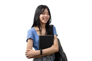 teenage student girl asian hold book on white background.Back to school and education concept. photo