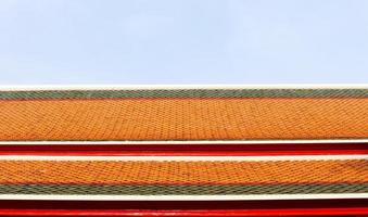 Ancient style of ceramic tile roof pattern and light blue sky. Green, red, orange color row of tiles on rooftop in temple, Thailand. photo