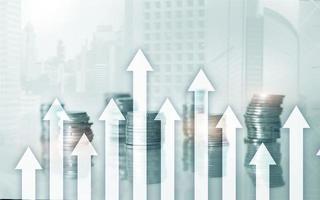 Growth up arrows on futuristic abstract background. Investing or savings to growth up money or business concept. photo