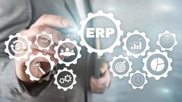 sistema erp, planificación de recursos empresariales en un fondo borroso. concepto de innovación y automatización empresarial foto