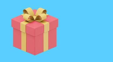 Realistic red gift box with yellow ribbon. 3D rendering. Icon on blue background, text space. photo