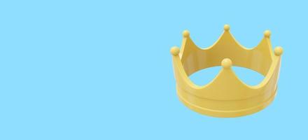 Yellow cartoon royal crown, symbol of power, top view. 3d rendering. Icon on blue background, space for text. photo