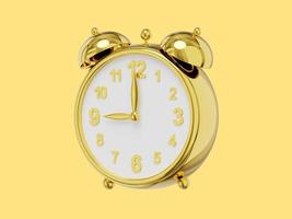 Vintage alarm clock metal gold, side view . 3d rendering. Icon on yellow background. photo