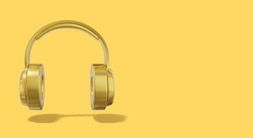 Realistic golden headphones on yellow background with space for text. Front view. 3d rendering. photo