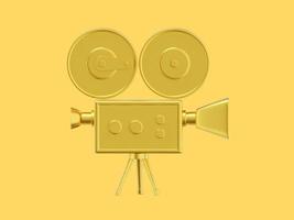 cámara de película de estilo de dibujos animados de oro vintage. cámara de video retro divertida. representación 3d icono sobre fondo amarillo foto