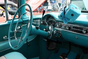 Arvada, CO, 2022 - Interior of a 1950s retro car at a classic auto show