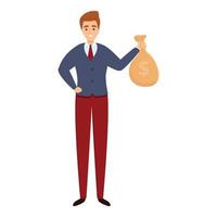 Successful businessman money bag icon, cartoon style vector