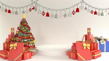 3d rendering illustration Christmas and New Year with podium stand background. Xmas tree. symbol for premium premium product photo