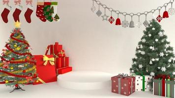 3d rendering illustration Christmas and New Year with podium stand background. Xmas tree. symbol for premium premium product photo