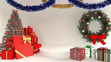 3d rendering illustration Christmas and New Year with podium stand background. Xmas tree. symbol for premium premium product photo