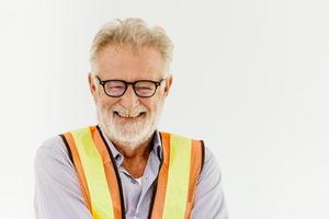 happy glasses senior architect engineer portrait joke laugh joyful with white space for text photo