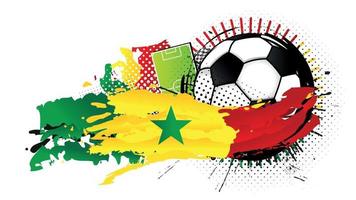 Balón de fútbol blanco y negro rodeado de manchas verdes, amarillas y rojas que forman la bandera de senegal con un campo de fútbol al fondo. imagen vectorial vector