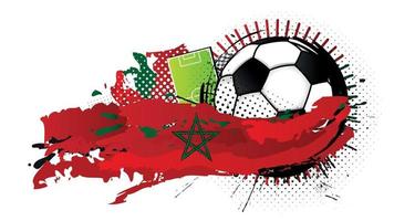 Black and white soccer ball surrounded by red and green spots forming the flag of Morocco with a soccer field in the background. Vector image