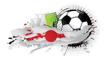 Black and white soccer ball surrounded by red and white spots forming the flag of Japan with a soccer field in the background. Vector image
