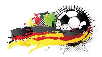 Balón de fútbol blanco y negro rodeado de manchas negras, rojas y amarillas que forman la bandera de Alemania con un campo de fútbol al fondo. imagen vectorial vector