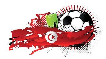 Black and white soccer ball surrounded by red and white spots forming the flag of Tunisia with a soccer field in the background. Vector image