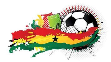 Black and white soccer ball surrounded by red, yellow and green spots forming the flag of Ghana with a soccer field in the background. Vector image