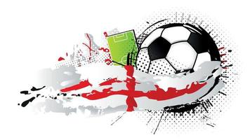 Balón de fútbol blanco y negro rodeado de manchas rojas y blancas que forman la bandera de Inglaterra con un campo de fútbol al fondo. imagen vectorial vector