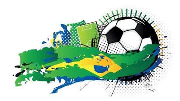 Black and white soccer ball surrounded by green, blue and yellow spots forming the flag of Brazil with a soccer field in the background. Vector image