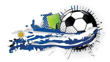Black and white soccer ball surrounded by blue and white spots forming the flag of Uruguay with a soccer field in the background. Vector image