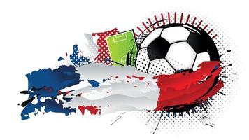 Black and white soccer ball surrounded by blue, white and red spots forming the flag of France with a soccer field in the background. Vector image