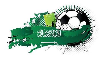 Black and white soccer ball surrounded by green spots forming the flag of Saudi Arabia with a soccer field in the background. Vector image