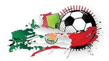 Black and white soccer ball surrounded by red, white and green spots forming the flag of Mexico with a soccer field in the background. Vector image