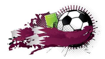 Black and white soccer ball surrounded by red and white spots forming the flag of Qatar with a soccer field in the background. Vector image