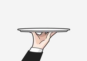 Waiter tray with hand isolated on white background. Man hand with blank tray. Vector