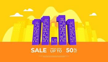 11.11 Sale shopping day with building background banner template design for social media and website. vector