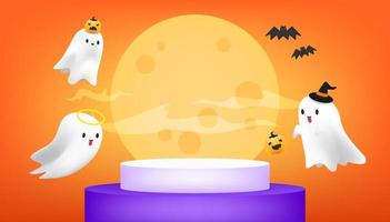 diseño de plantilla de halloween para banner de redes sociales con escena de podio de producto en blanco. calabazas de halloween y fantasma con luna sobre fondo naranja. vector