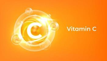 Vitamin C golden vector treatment. Vitamin gold oil pill icon. Skin care natural nutrition. Ascorbic antioxidant acid drop. Orange medicine capsule.