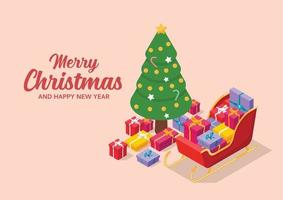 trineo de Papá Noel lleno de cajas de regalo con tarjeta de felicitación de árbol de Navidad vector
