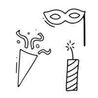 conjunto de imágenes prediseñadas de celebración. tiempo de fiesta doodle clipart. iconos de línea dibujados a mano para año nuevo o cumpleaños. máscara, petardo y fuegos artificiales vector