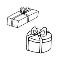 Doodle gift box with bow. Hand drawn line illustration isolated on white background. Surprise for Christmas or birthday vector