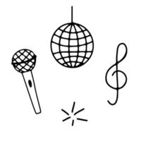 Hand drawn sketch set of music doodles. Treble clef, disco ball, microphone isolated on white vector