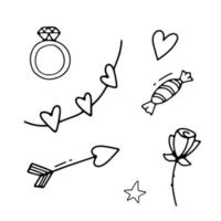 Funny ring, rose, heart and candy. Doodle vector illustrations set isolated on white