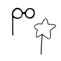 Wand with star and funny glasses mask isolated on white background, Vector simple doodle illustration