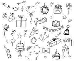 conjunto de imágenes prediseñadas de celebración. tiempo de fiesta doodle clipart. iconos de línea dibujados a mano para año nuevo o cumpleaños vector